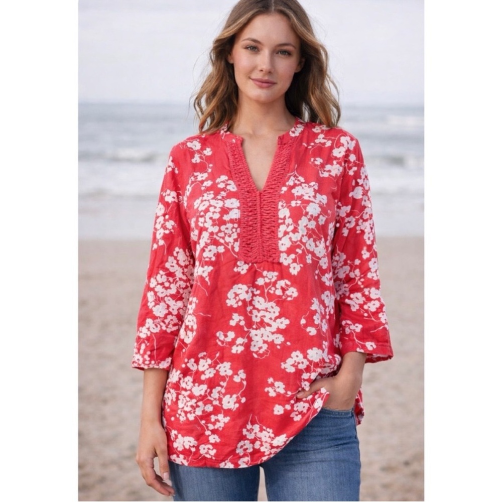 BODEN | Red and White Floral Print 100% Linen 3/4 Sleeves Tunic Top Blouse Sz. 6